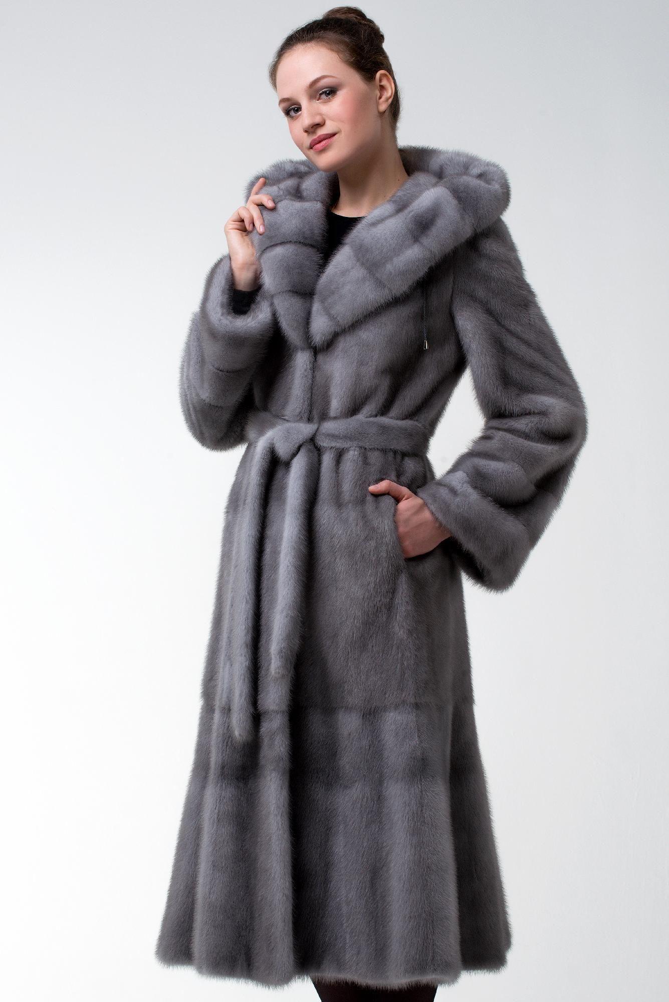 Норковая шуба с капюшоном и поясом фото