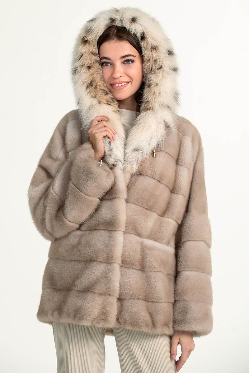 Норковая куртка с капюшоном из рыси фото