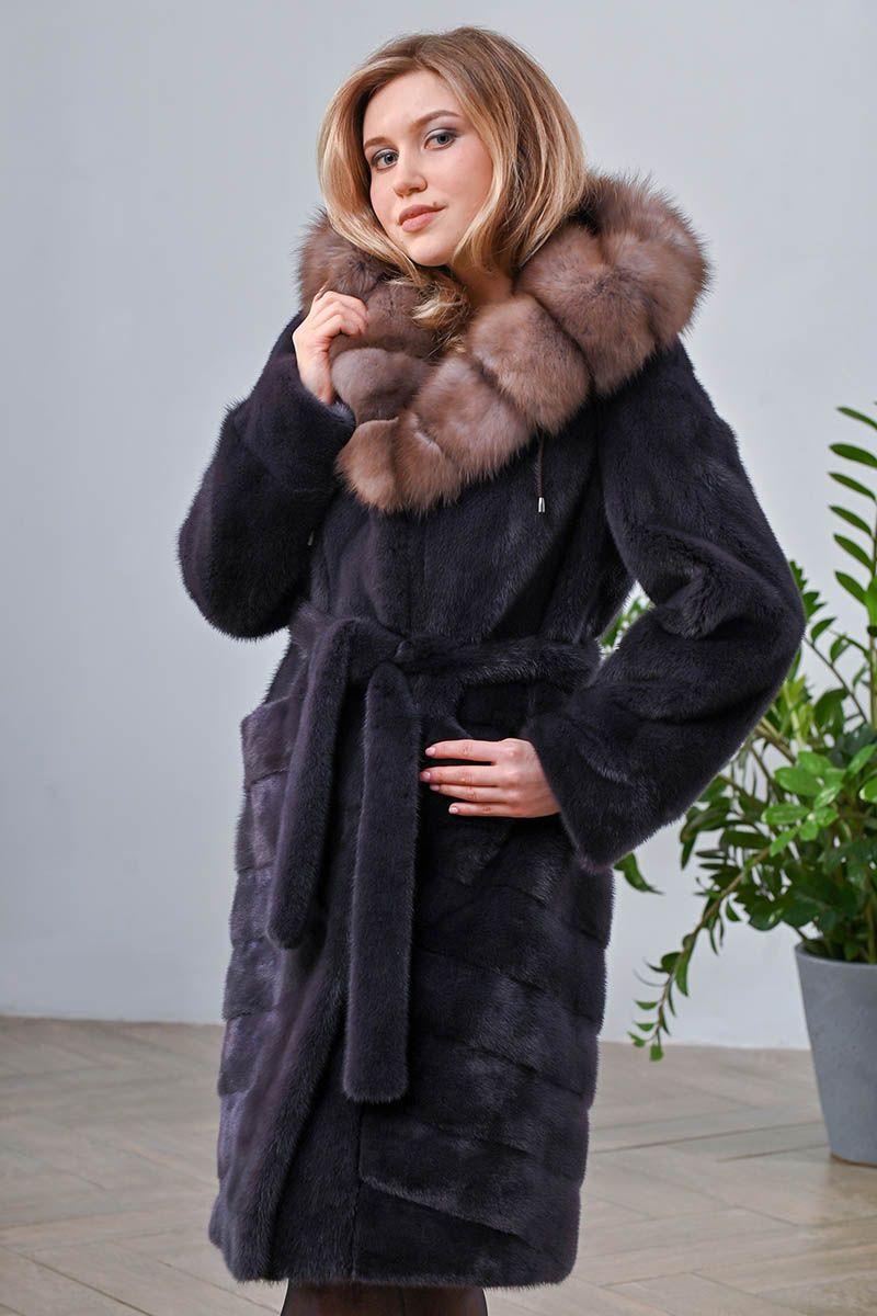 Норковая шуба с капюшоном из куницы фото